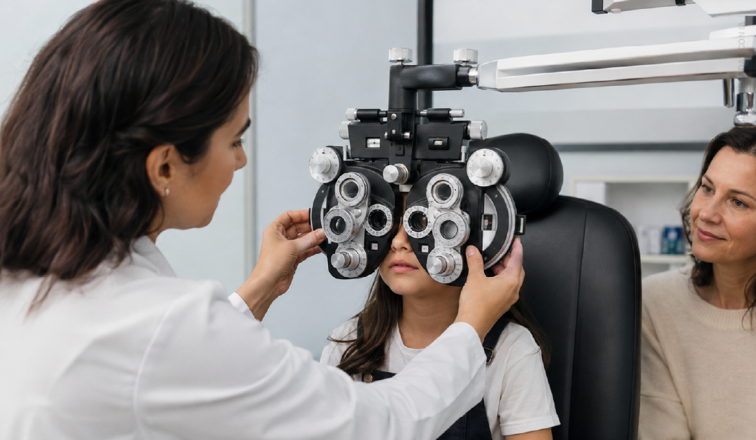 Optometrist adjusts a phoropter for a young patient during an eye exam, with a supervising adult nearby.