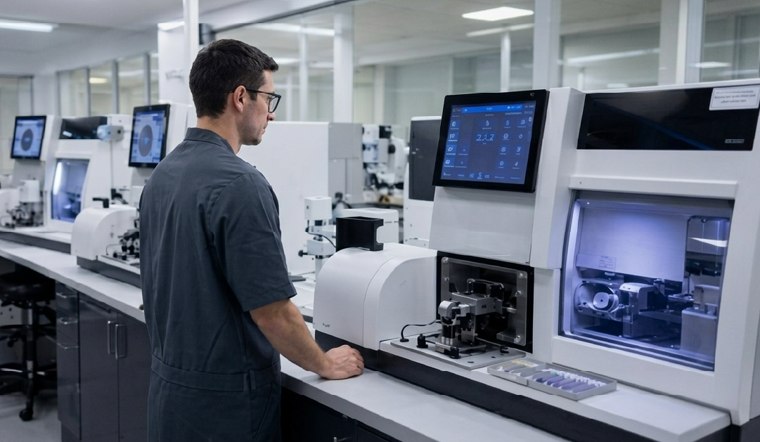 Lab technician operating a benchtop scientific instrument with a touchscreen in a modern lab.