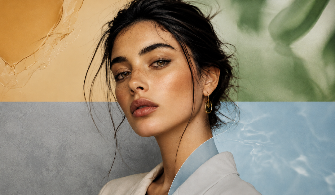 Portrait of a woman with dark hair and gold hoop earrings, against a color-blocked backdrop.
