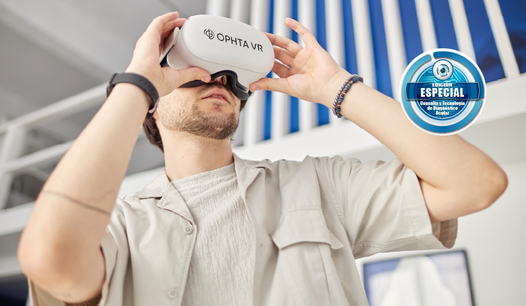 Man in a beige shirt wearing a white VR headset, adjusting it with both hands; round badge on the right reads Edición Especial.