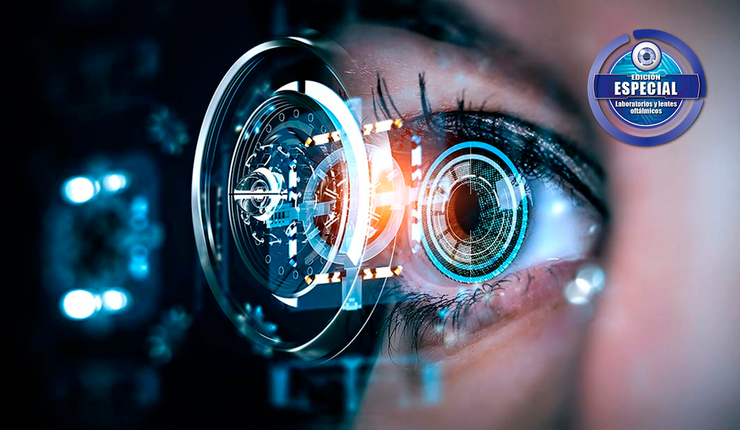 Close-up of an eye with a futuristic holographic interface overlaid, symbolizing advanced eye technology and imaging.