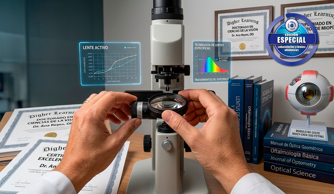 Hands adjusting a microscope in a science lab with ophthalmology books and certificates on the desk,