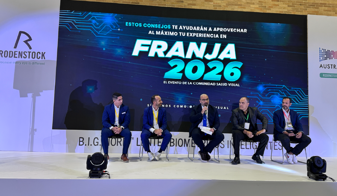 Panel of five men seated on a stage in front of a large blue screen reading 'FRANJA 2026' at a conference. Behind them are circuit-like graphics and sponsor banners on the sides.