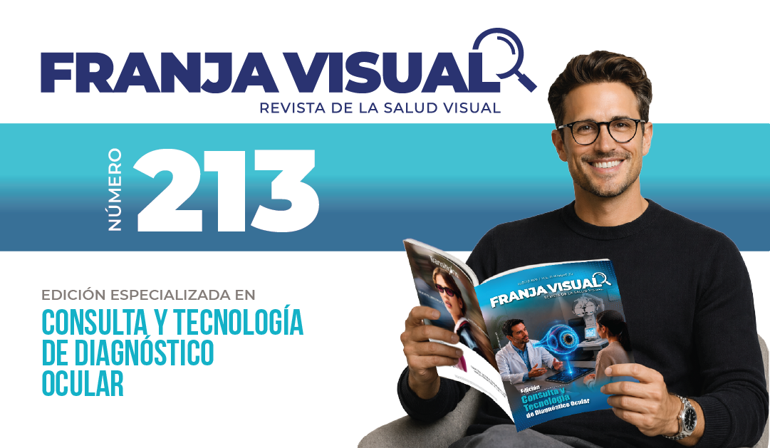 Portada de FRANJA VISUAL: revista de salud visual, edición 213; hombre con gafas leyendo una revista.
