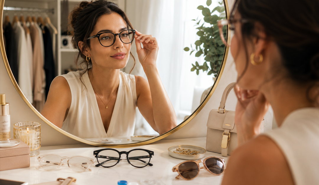 Woman trying on eyeglasses at a round vanity mirror, adjusting frames while looking at her reflection; fashion items and skincare on the table nearby.