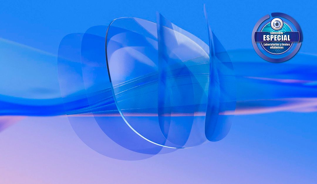 Abstract blue, glassy circular shapes forming a dynamic design with a blue-to-purple gradient and a round badge in the top-right reading 'Edición Especial' for ophthalmic lenses.