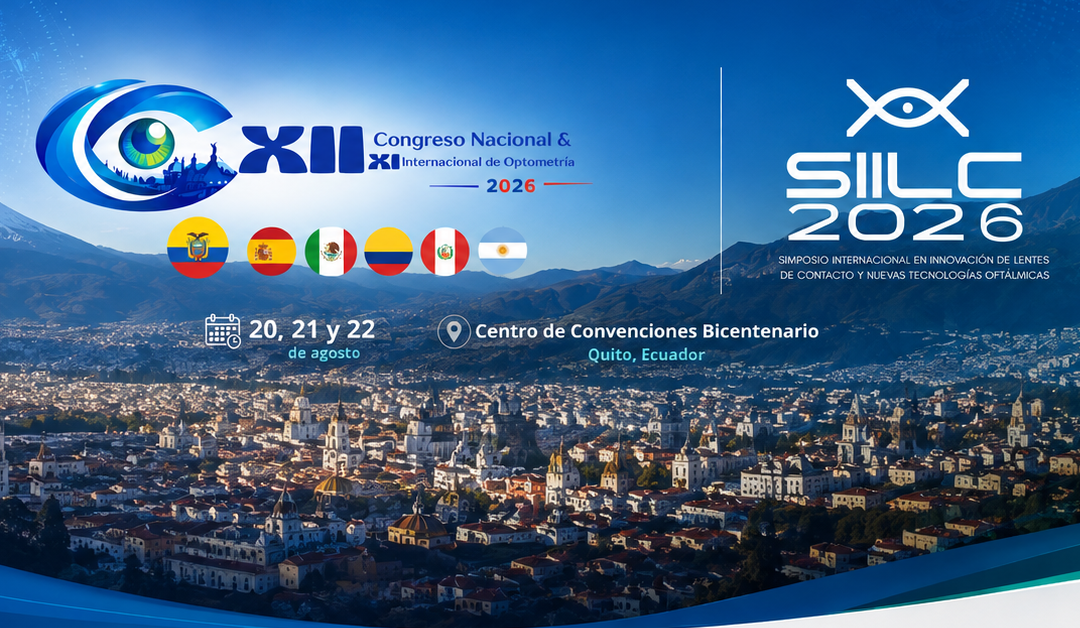 Promotional banner for the XII Congreso Nacional & XI Internacional de Optometría 2026 (SILC 2026) with a cityscape, flags, and event details in Quito, Ecuador.