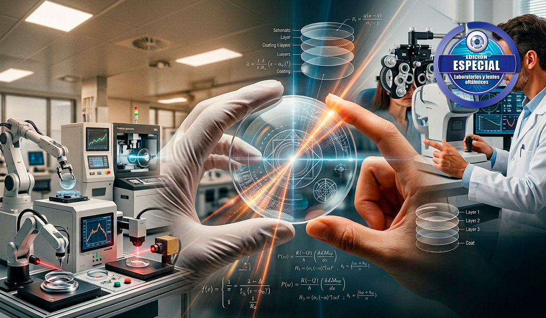 Hands manipulating a holographic lens diagram in a high-tech ophthalmic lab with scientists and equipment in the background.