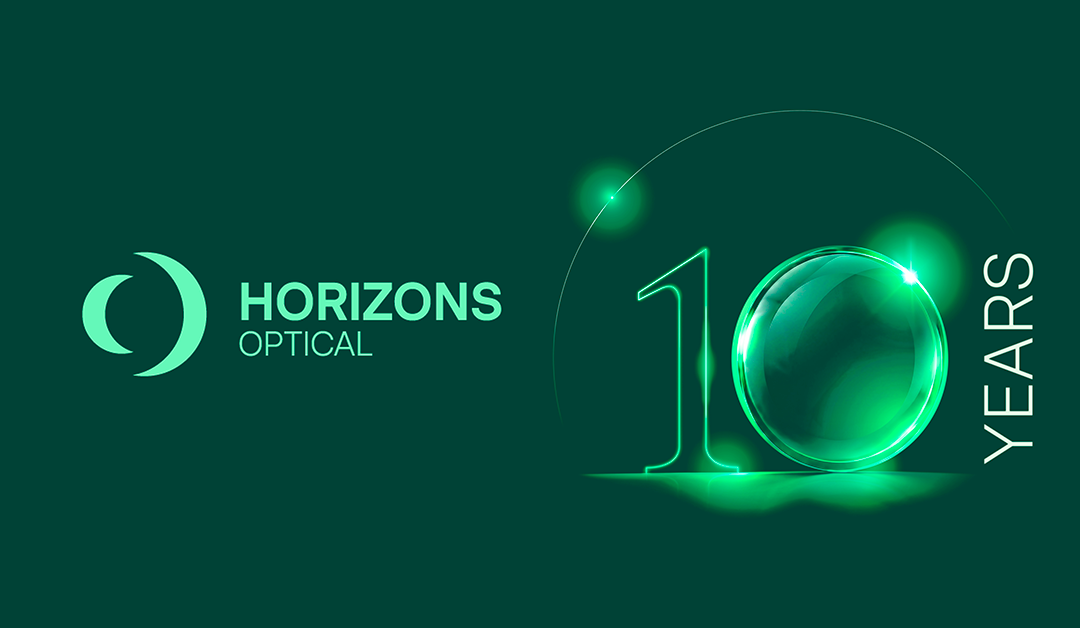 Horizons Optical 10-year anniversary banner with neon green '10' and globe on a dark green background