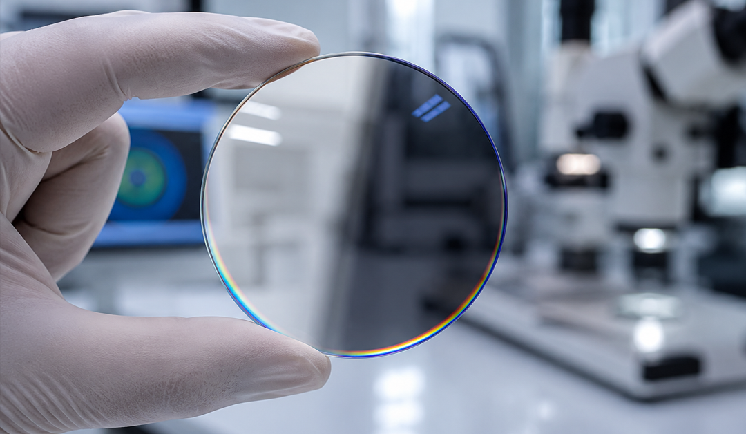 Gloved hand holds a circular glass lens up to the camera in a lab, with a microscope in the background.