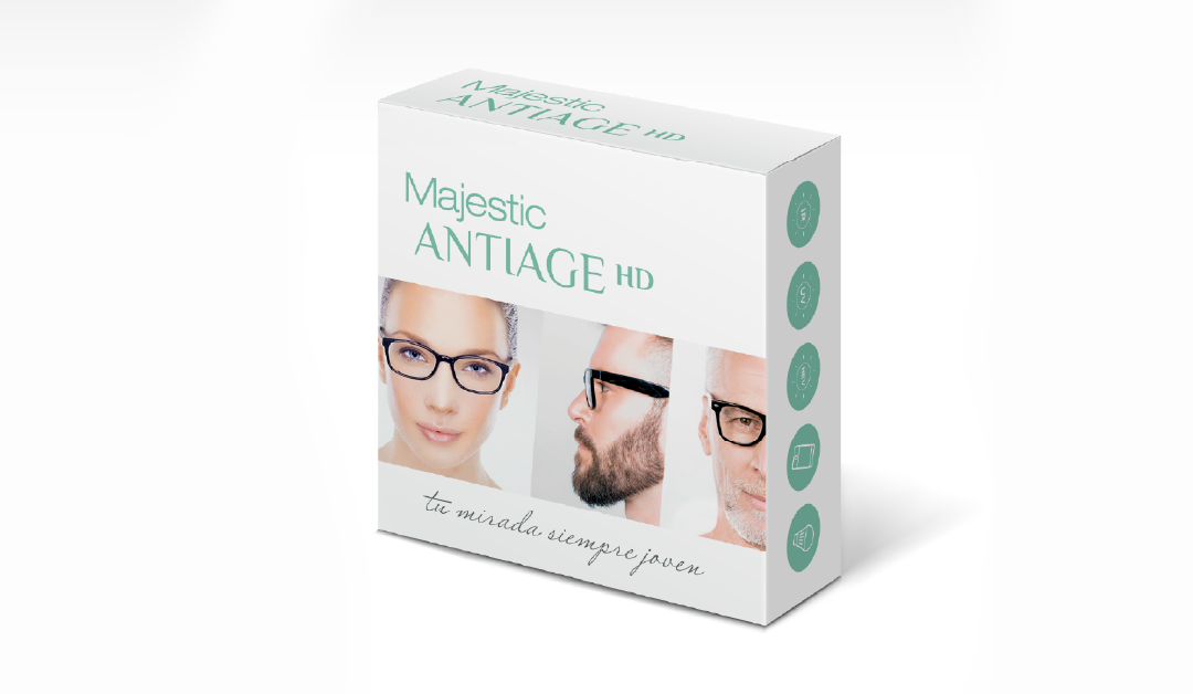 Boxed product packaging for Majestic Antiage HD with portraits of a woman and two men in glasses on the front.