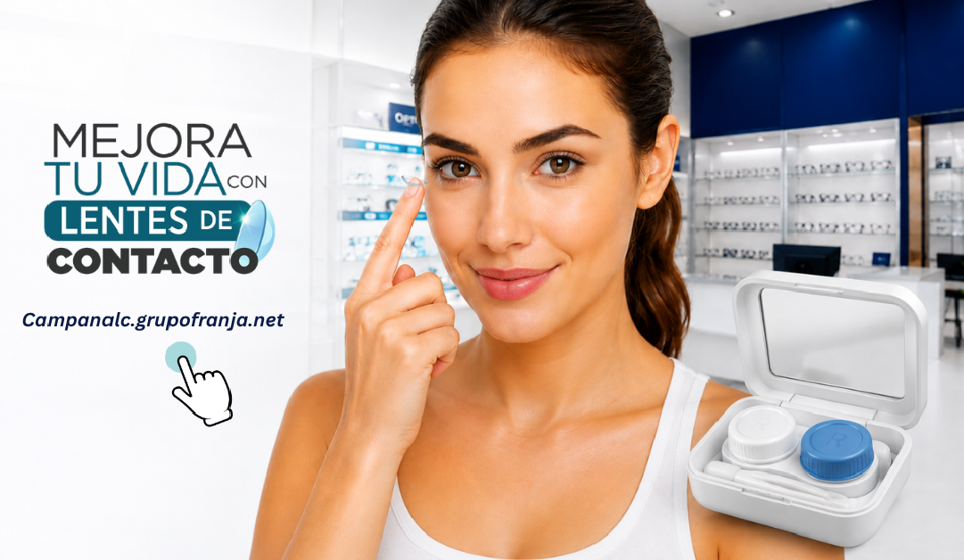 Smiling woman in a store pointing to a contact lens case, with text promoting contact lenses.
