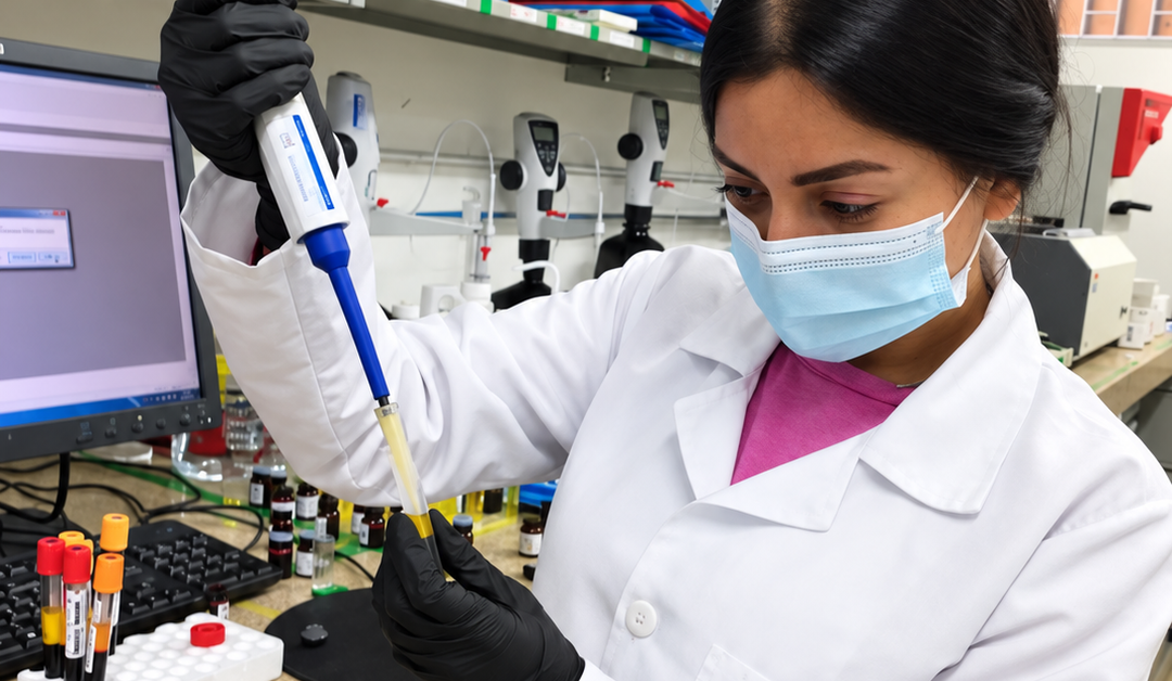 Scientist in a lab wearing a mask and gloves, using a pipette to transfer liquid into a vial.