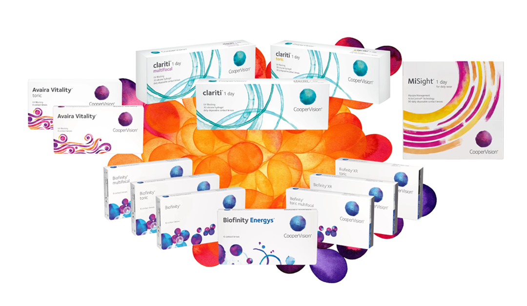 Assorted CooperVision contact lens boxes (Biofinity, Avaira, Clariti, MiSight) arranged on a bright orange and purple abstract background.