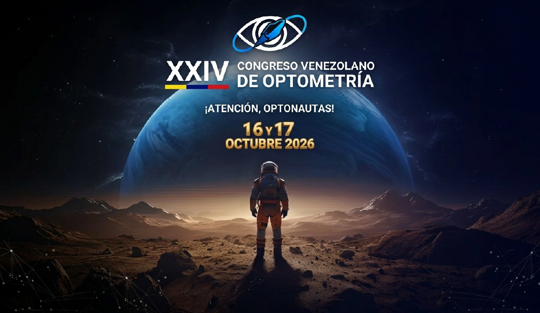 Astronaut standing on a rocky alien landscape, gazing at a large blue planet with the poster text for XXIV Congreso Venezolano de Optometría and the dates 16 y 17 Octubre 2026.