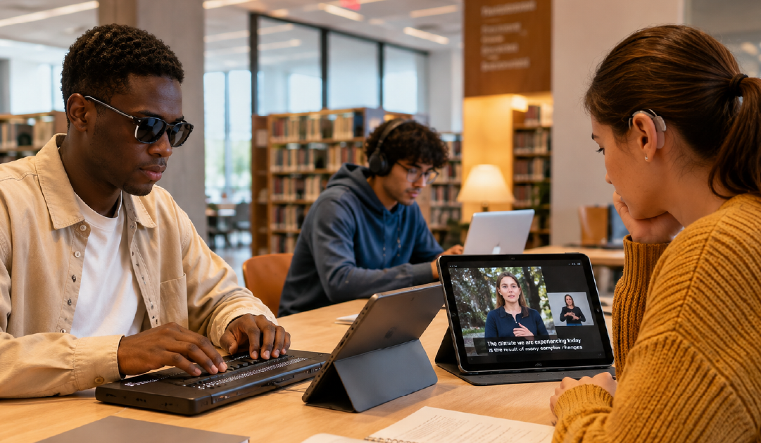 Group of students study at a library table; foreground shows a man typing on a laptop while another person watches a tablet displaying a video with captions and a presenter.