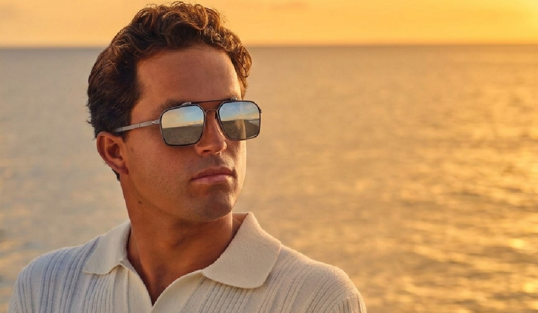 Man wearing mirrored sunglasses at sunset by the water, looking to the side.