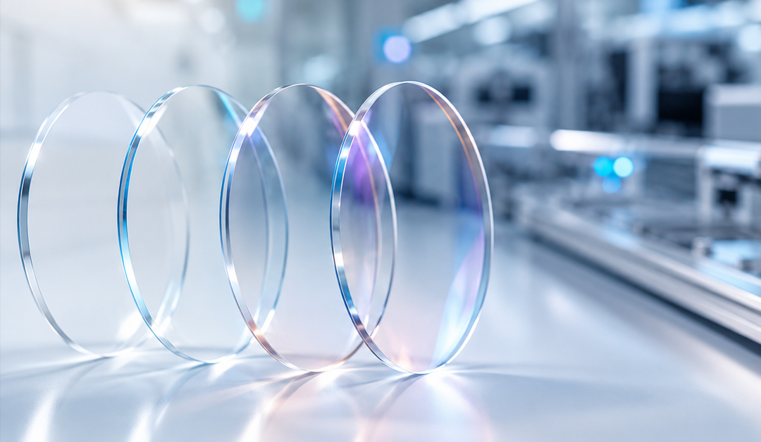 Three circular glass lenses standing upright on a lab bench, reflecting blue and pink light in a modern optics lab.