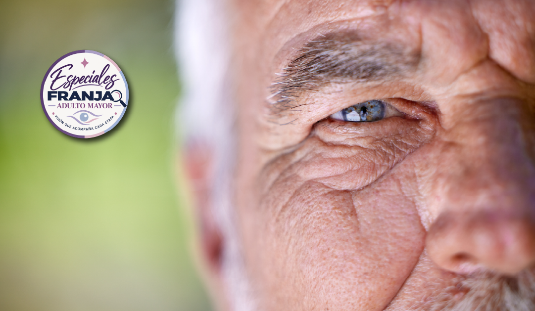 Close-up of an elderly man's wrinkled face with a blue eye, accompanied by a circular 'Especiales Franja Adulto Mayor' logo on the left.