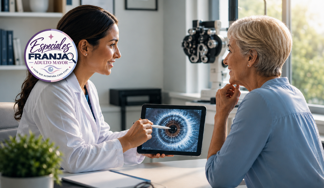 Clinician shows an eye image on a tablet to an elderly patient during a eye checkup; logo reads Especiales FRANJA ADULTO MAYOR visible on the left.