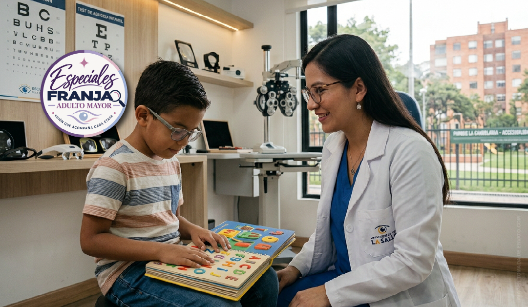 Child and clinician in a bright eye clinic share a colorful picture book during a vision check; eye exam equipment visible in the background.