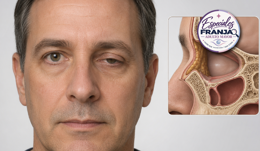 Close-up of a middle-aged man’s face with a nasal anatomy diagram inset in the top-right for ENT education.