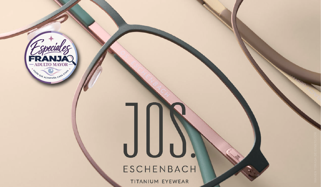 Close-up of pink and teal Eschenbach titanium eyeglasses on a beige background, with a round promotional sticker saying Especiales Franja Adulto Mayor.