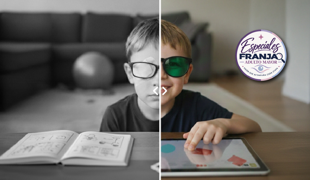 Split image: left side shows a child reading a book in grayscale; right side shows the same child using a tablet in color with green glasses, a circular logo in the top-right corner.