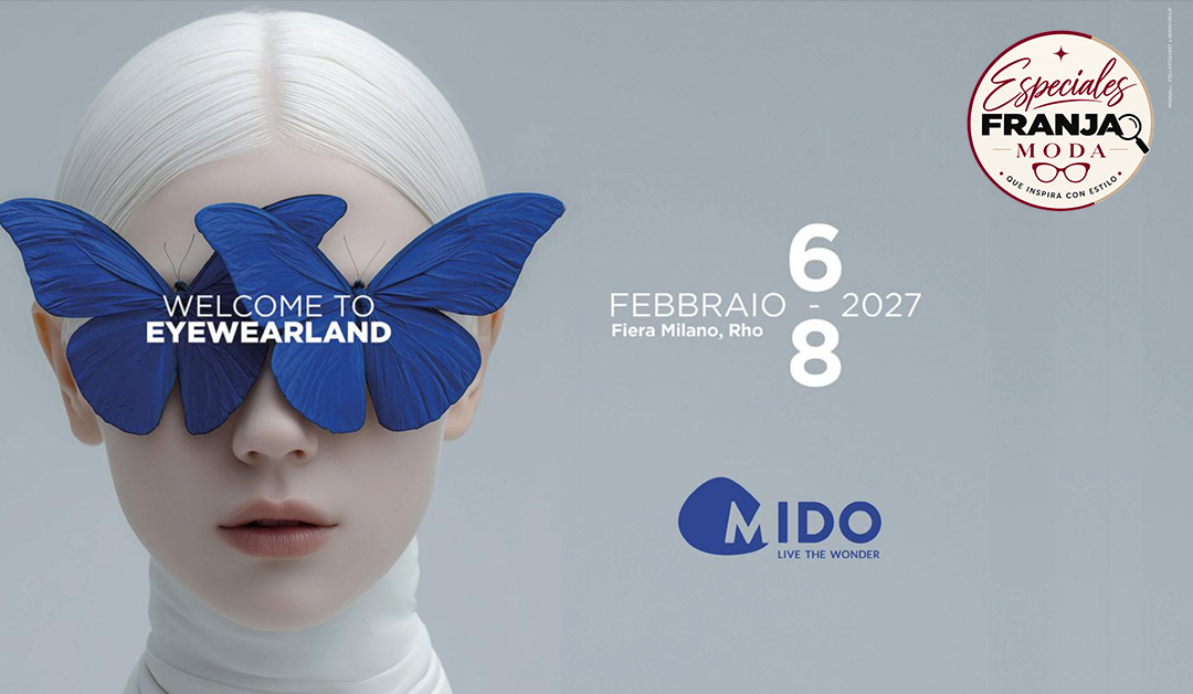 Promotional image for Eyewearland: model with blue butterfly sunglasses over eyes, Milan event Feb 6–8, 2027 (MIDO logo).
