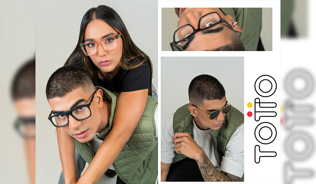 Collage of three models wearing stylish eyeglasses and sunglasses in a studio setting, with a vertical brand logo on the right.