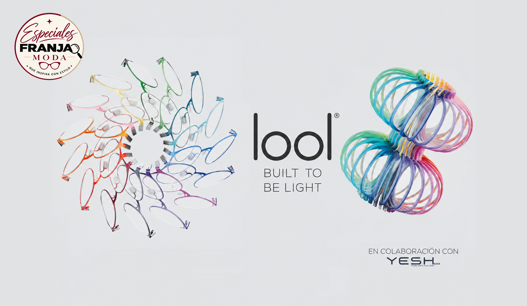 Promotional banner for lol eyewear: colorful frames arranged in a circle on the left, center text 'lol Built to Be Light', rainbow coil on the right, small Franja Moda badge in the corner.